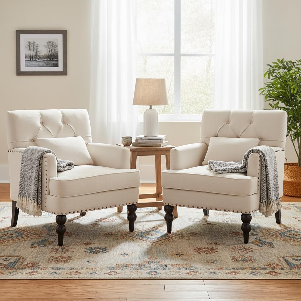 HUIMO Tufted Club Chair Set of 2 with Lumbar Pillow,Accent Chair Upholstered Button Armchair, Linen Fabric Sofa Chairs for Bedroom, Living Room, Mid Century Modern Reading Chair,Beige