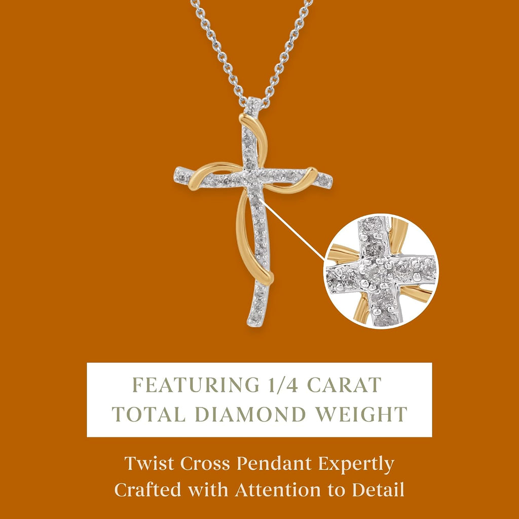 GILDED 14K Yellow Gold over 925 Sterling Silver Necklace for Women with Natural Diamond and Twist Cross Pendant, 14K Gold Plated over Sterling Silver, 925 Sterling Silver, 18' Cable Chain, 1/4 Carat Total Weight Diamonds & Elegant Gift Box Included