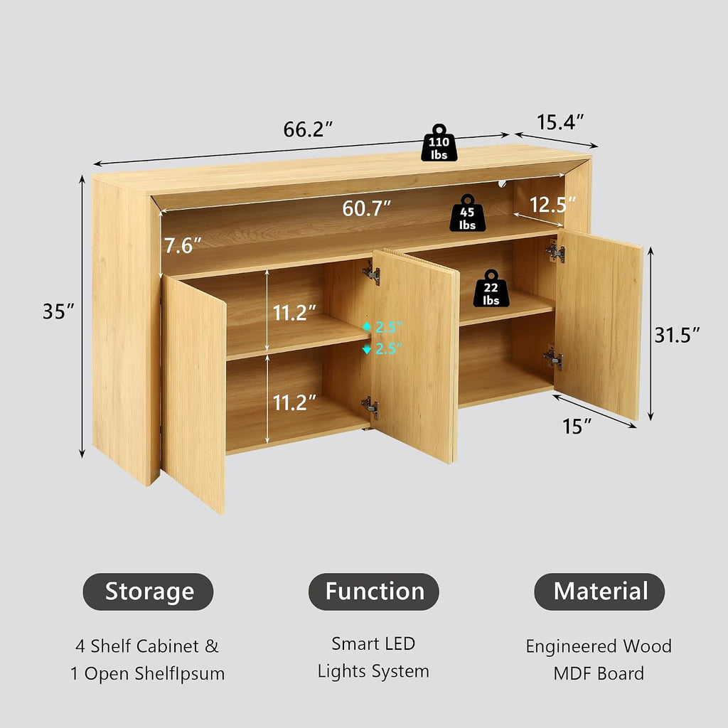 Einhomn 66.2' Buffet Cabinet with Storage and led Lights, Modern Sideboard Cabinet with 4 Doors & Shelves, Fluted Media Console Mid Century Coffee Bar Table for Living Room Kitchen Dining Room, Oak