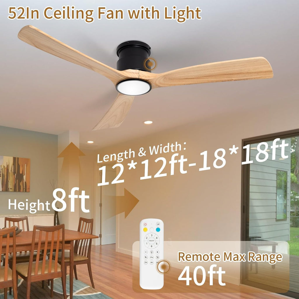 Ceiling Fan with Lights,52 Inch Wood Flush Mount Ceiling Fans with Remote Control,Dimmable Light,3 CCT,6 Speeds,Noiseless,Ceiling Fan for Bedroom,Living Room,Office,Indoor,Natural Wood and Black