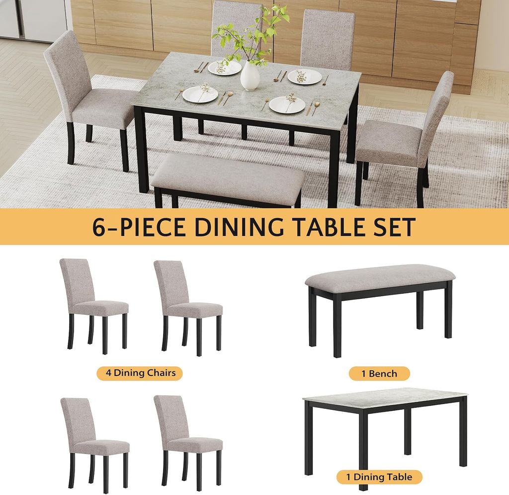 Zevemomo 6-Piece Wood Dining Table Set with Extra-Thick Cushions, Including 1 Dinner Table, 4 Upholstered Chairs and 1 Bench, Wooden Legs Dining Set for Dining Room, Kitchen, Restaurant, Black
