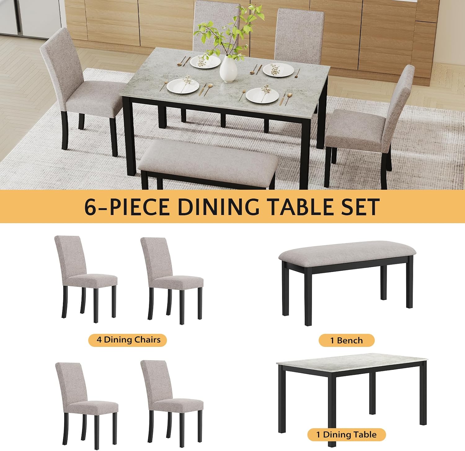 Zevemomo 6-Piece Wood Dining Table Set with Extra-Thick Cushions, Including 1 Dinner Table, 4 Upholstered Chairs and 1 Bench, Wooden Legs Dining Set for Dining Room, Kitchen, Restaurant, Black