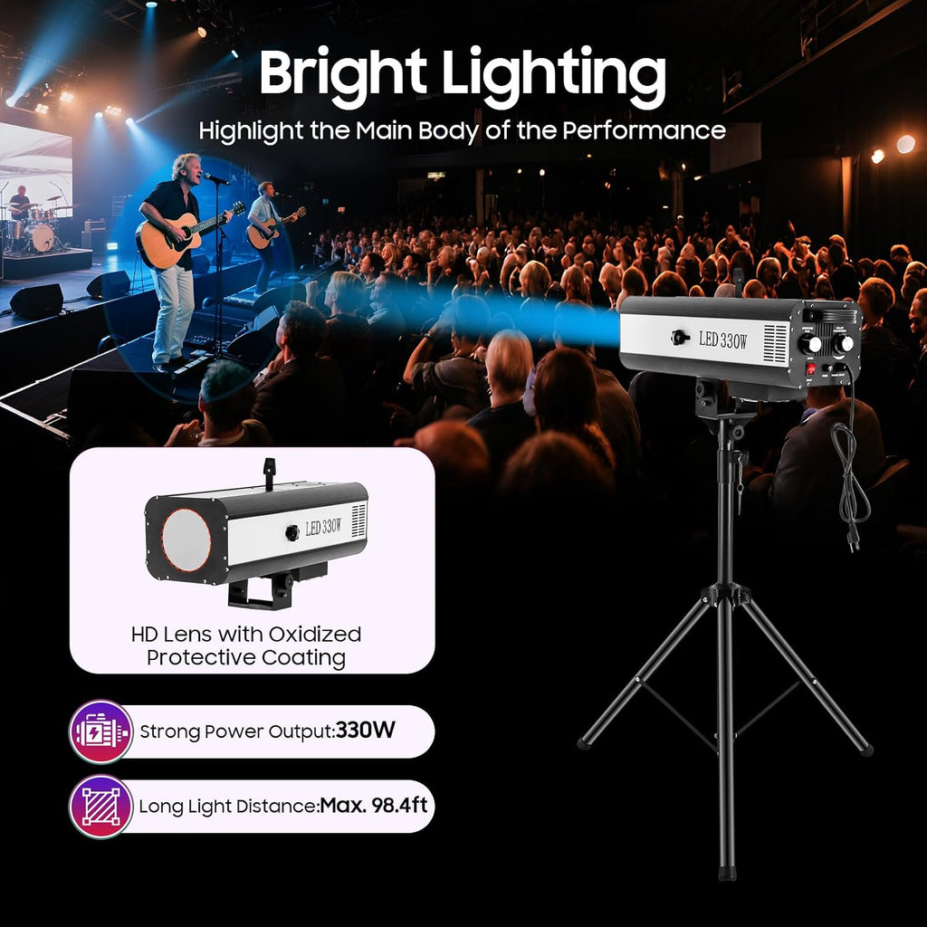 330W Stage Lighting with Tripod, LED Stage Spotlight with Adjustable Aperture 6 Color Modes 3 Color Temperatures 5600K 6000K 3200K, Follow Spot Light for Wedding DJ Party Theaters Concert