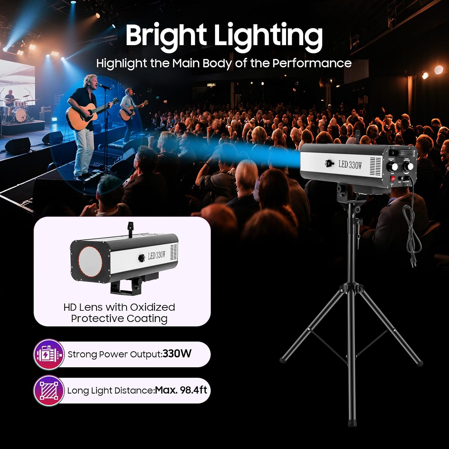 330W Stage Lighting with Tripod, LED Stage Spotlight with Adjustable Aperture 6 Color Modes 3 Color Temperatures 5600K 6000K 3200K, Follow Spot Light for Wedding DJ Party Theaters Concert