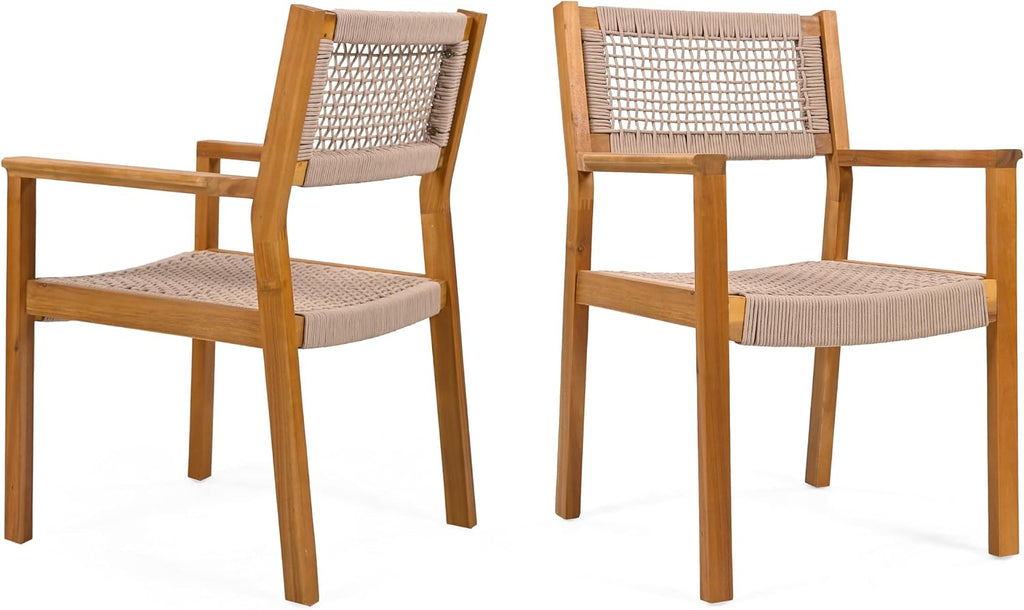 Christopher Knight Home Rlyn 5 Pieces Patio Dining Set, Rope Acacia Wood Dining Chair, Woven Armchairs, Round Wood Table for 4, Outdoor Table and Chair for Garden, Backyard, Poolside, Light Brown+Teak
