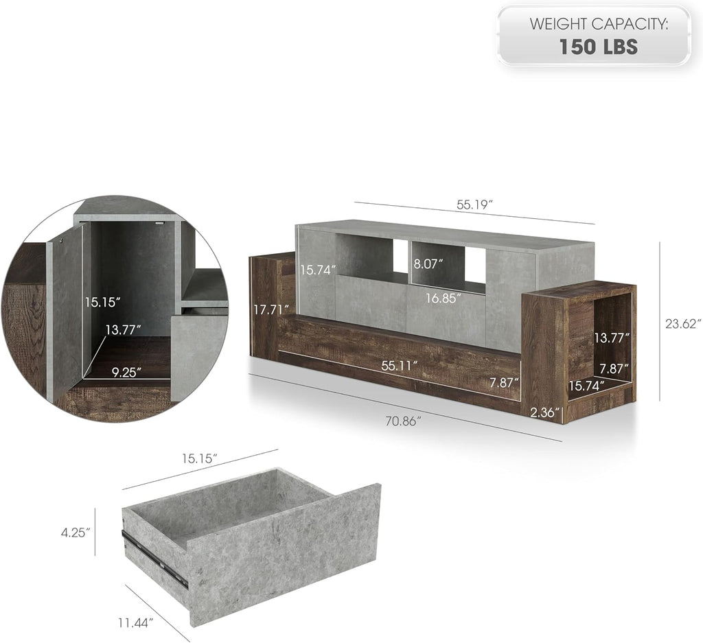 HOMES: Inside + Out Chauncy Contemporary 2 Open Shelves TV Stand with 2 Drawers On Metal Glides, Media Center, for Family Room, Entertainment Room, Entertaining, Movie Night, 71-inch, Gray Concrete