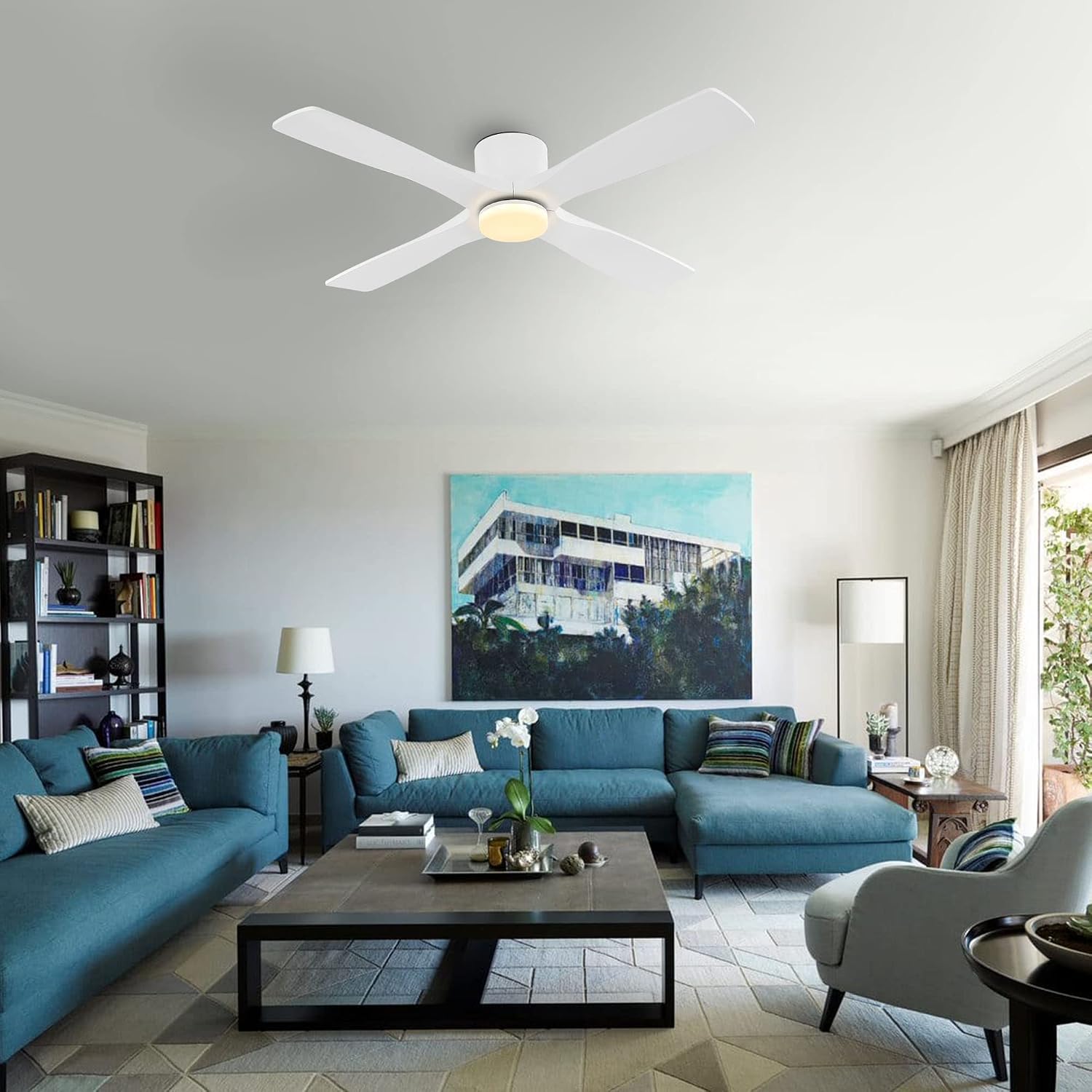WINGBO 48 Inch Flush Mount DC Ceiling Fan with Lights and Remote, 4 Reversible Carved Wood Blades, 6-Speed Noiseless DC Motor, Hugger Ceiling Fan in White Finish, Low Profile Ceiling Fans, ETL Listed