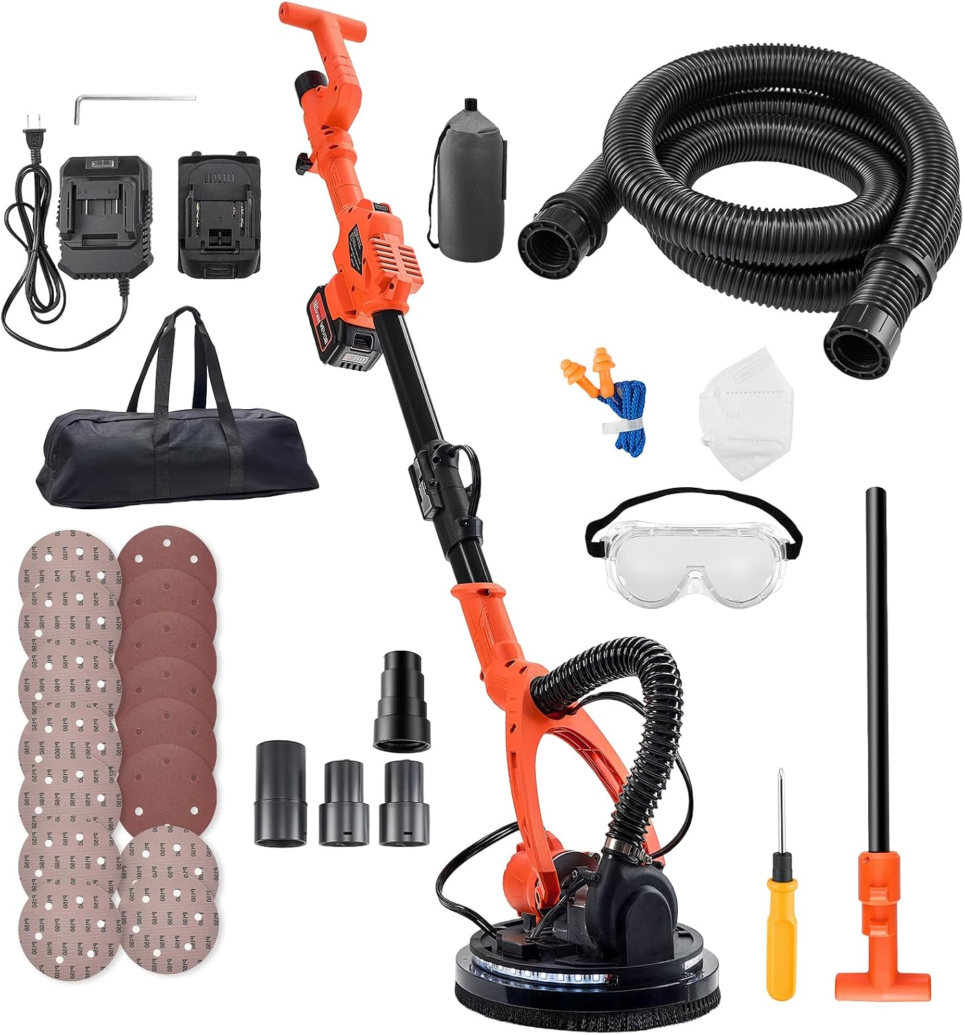 VEVOR Drywall Sander, 450W Cordless Electric Sander, Popcorn Ceiling Removal Tool with Vacuum Dust Collection, 7 Variable Speed 0-1600 RPM, LED Light, Foldable & Extendable Handle, 15 Sanding Discs