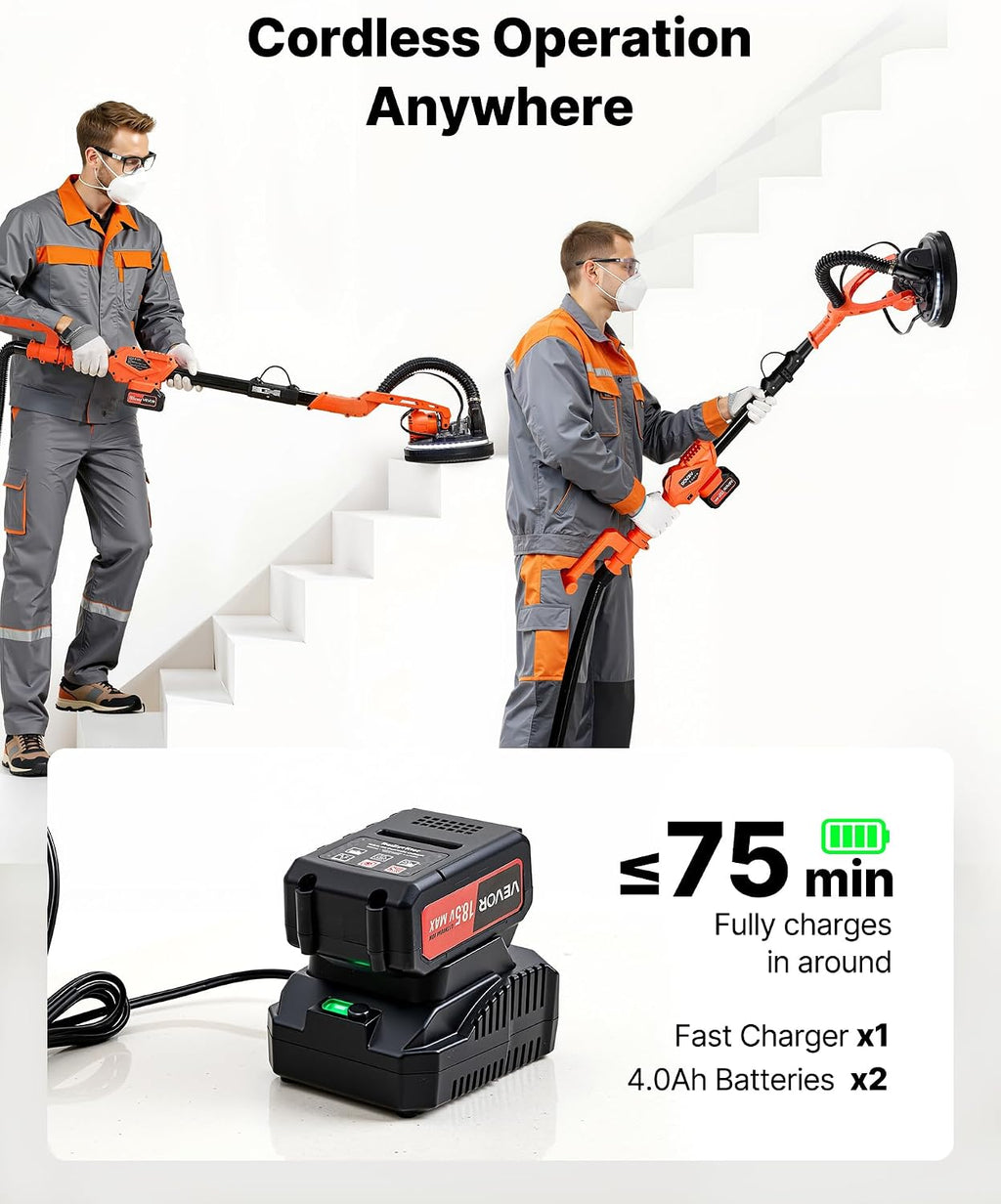VEVOR Drywall Sander, 450W Cordless Electric Sander, Popcorn Ceiling Removal Tool with Vacuum Dust Collection, 7 Variable Speed 0-1600 RPM, LED Light, Foldable & Extendable Handle, 15 Sanding Discs