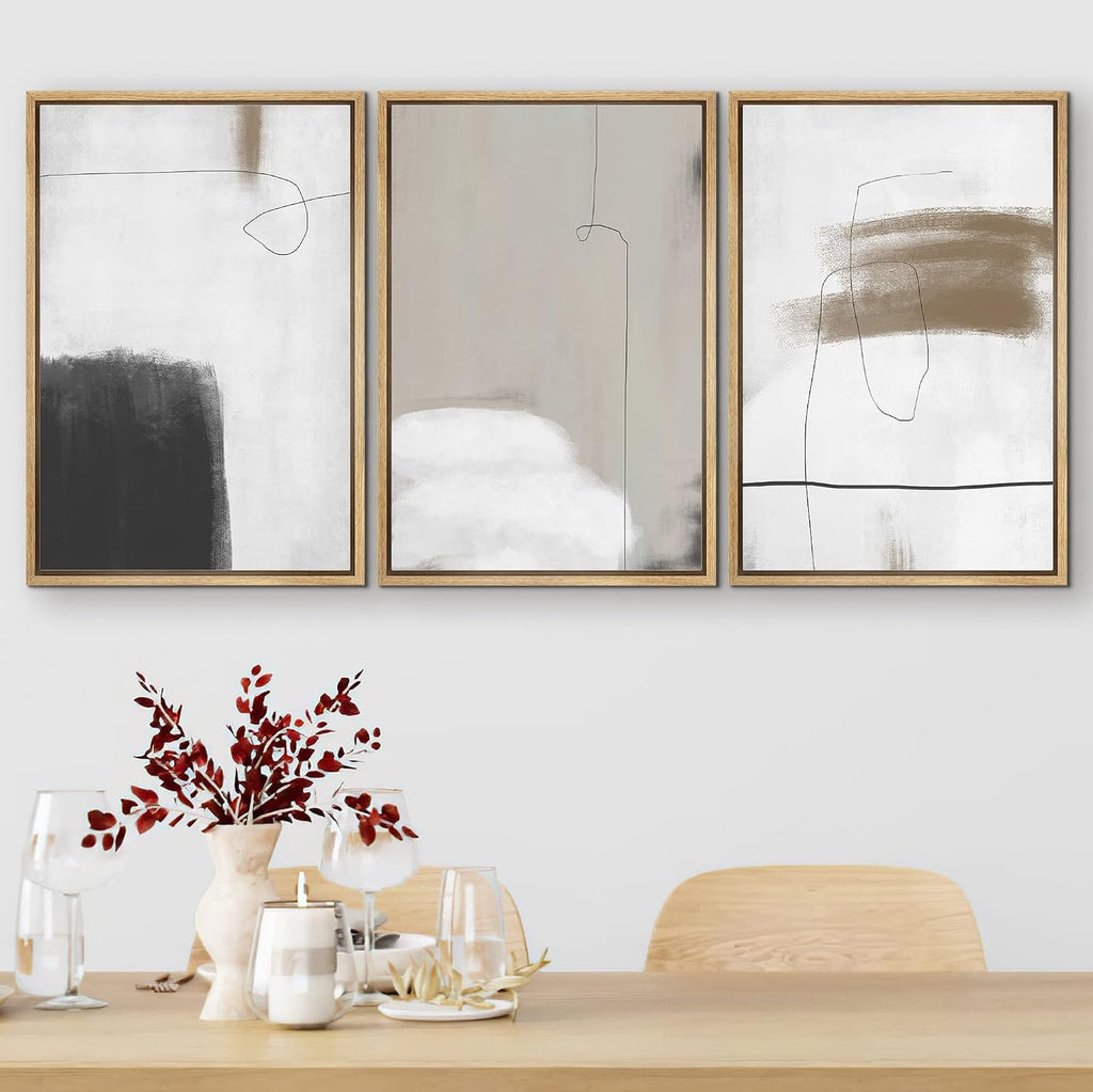 SIGNFORD Framed Canvas Print Wall Art Set Grunge Dark Watercolor Paint Stroke Abstract Shapes Illustrations Modern Art Bohemian Nordic for Living Room, Bedroom, Office - 24'x36'x3 Natural