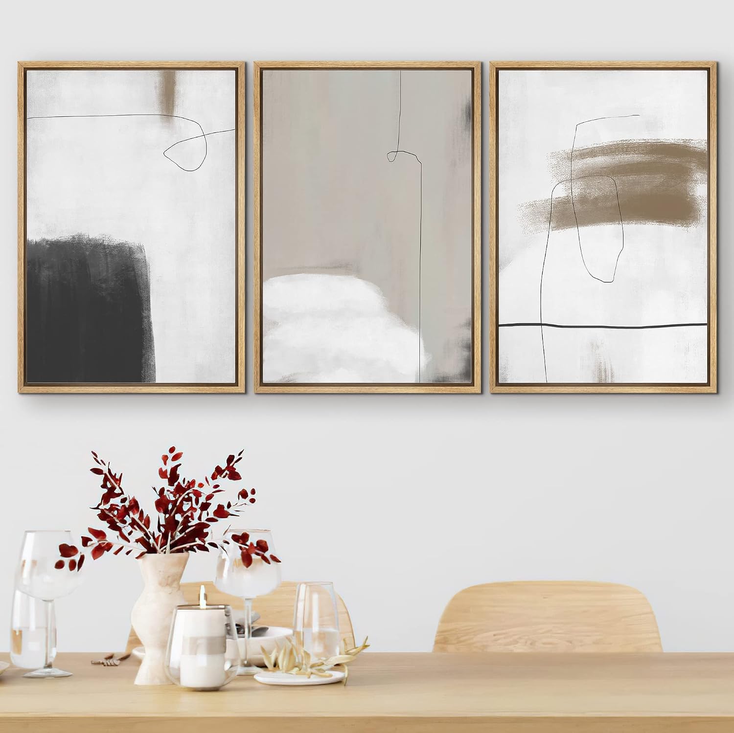 SIGNFORD Framed Canvas Print Wall Art Set Grunge Dark Watercolor Paint Stroke Abstract Shapes Illustrations Modern Art Bohemian Nordic for Living Room, Bedroom, Office - 24'x36'x3 Natural