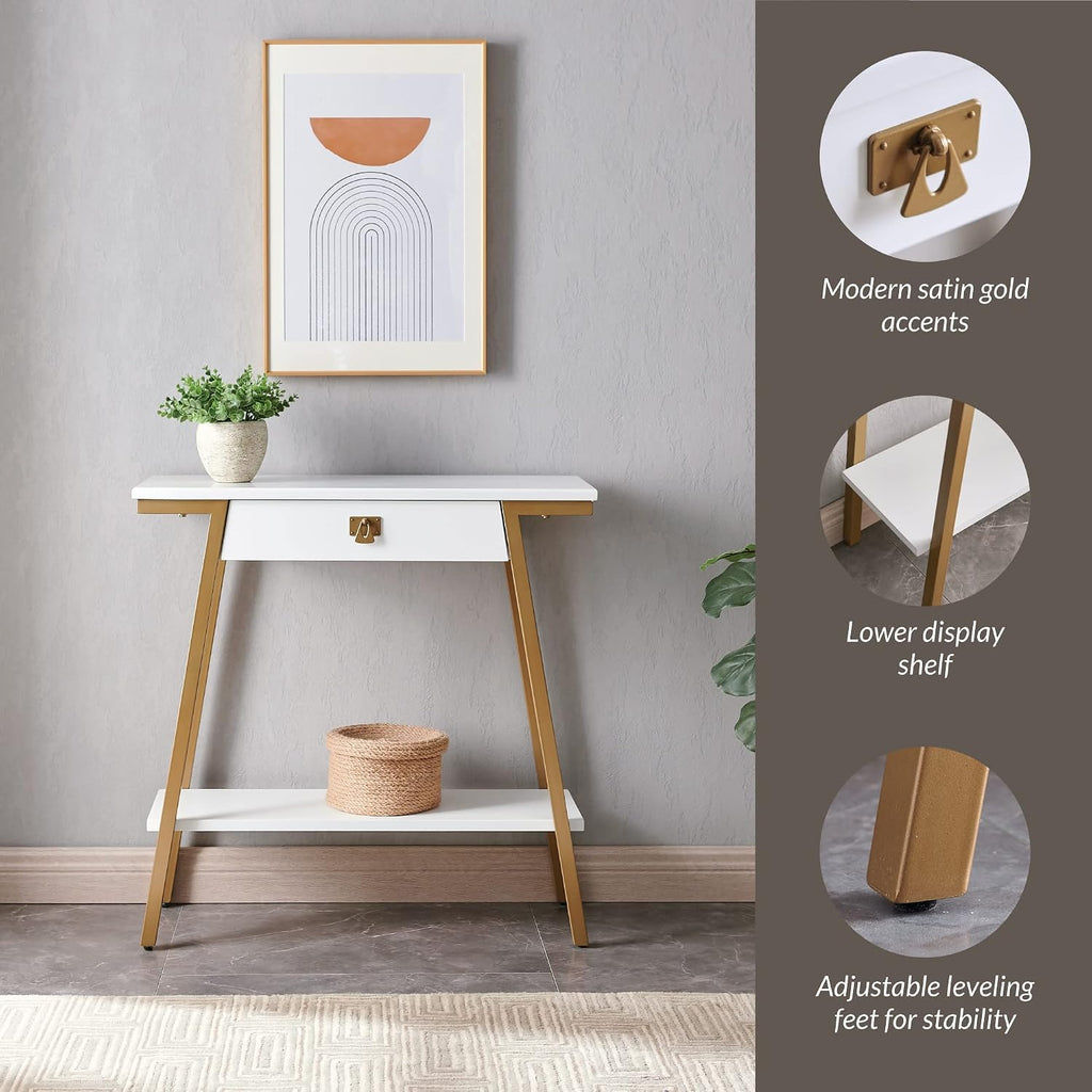 Leick Home 214346 Empiria Wood Console Table with Drawer and Metal Frame for Living Room Entryway Bedroom, White