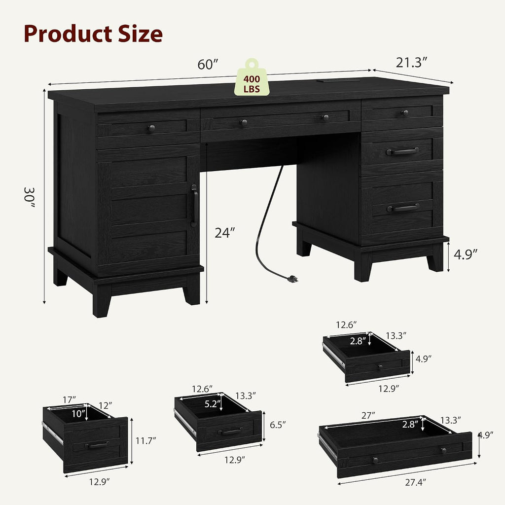 IDEALHOUSE Farmhouse Executive Desk 60 Inch, All-in-One Home Office Table with Built-in Charging Port, Rustic Wooden Computer Desk with File Drawers for Work, Rustic Black