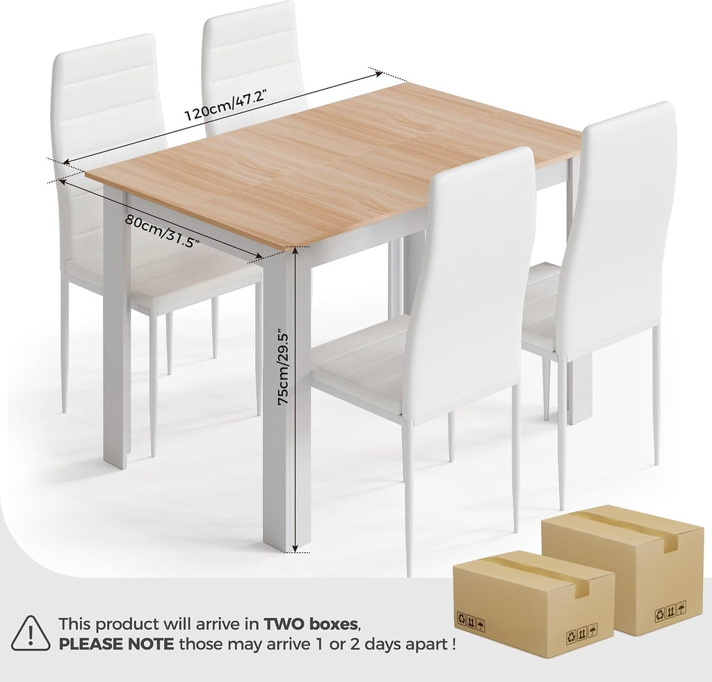 Mondeer Dining Table and Chairs Set 4, 5 Pieces Kitchen Table Set with High Back Faux Leather Chair for Dining Room Kitchen Rectangular Modern (Oak Table and 4 White Chairs)