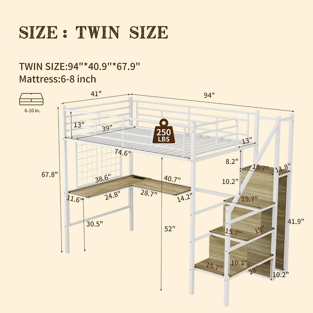 Twin Size Metal Loft Bed with L-Shaped Desk & Storage Wardrobe, Heavy Duty Bed Frame w/Reversible Stairs (Built-in Storage) + USB Port, Space-Saving Noise-Free, No Box Spring Needed
