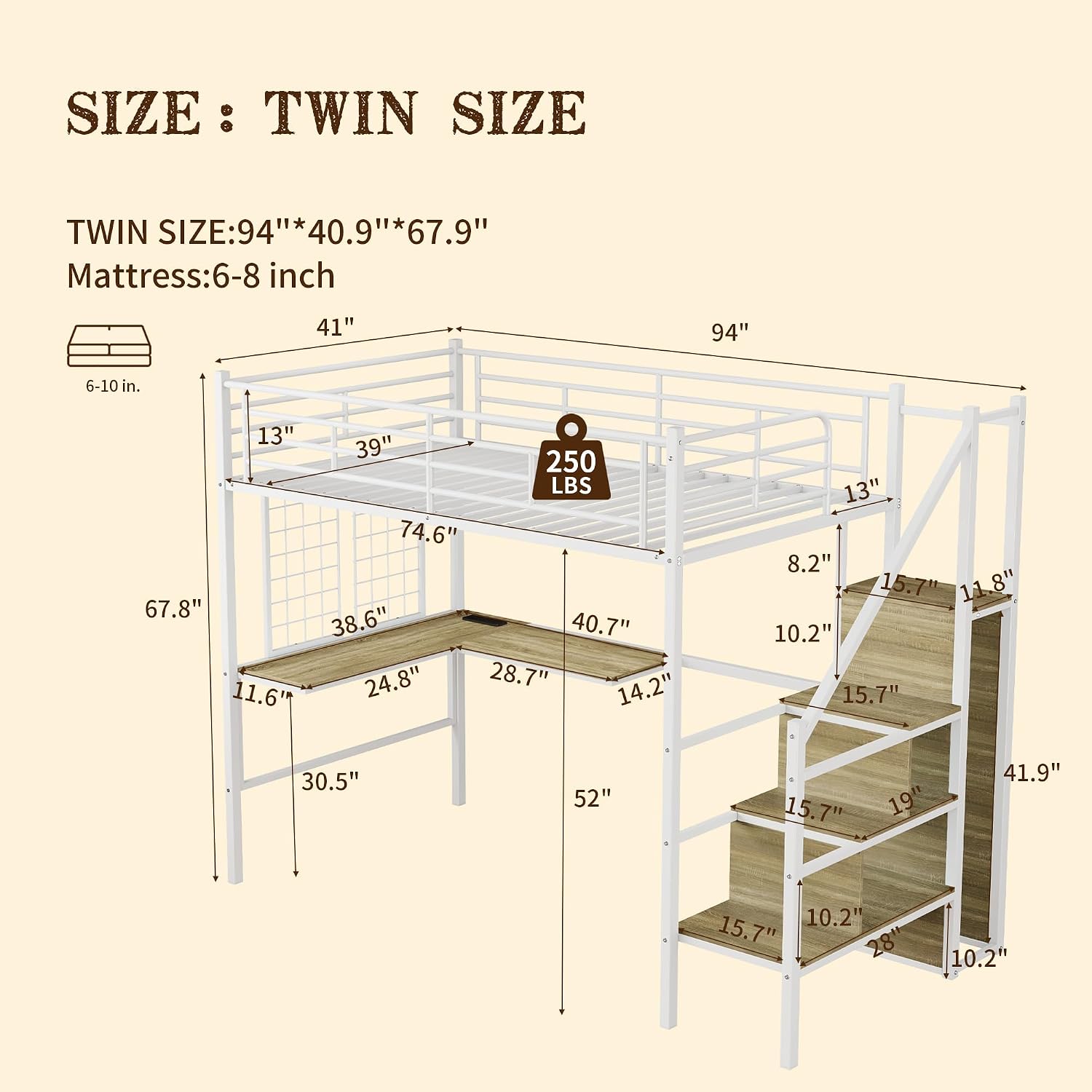 Twin Size Metal Loft Bed with L-Shaped Desk & Storage Wardrobe, Heavy Duty Bed Frame w/Reversible Stairs (Built-in Storage) + USB Port, Space-Saving Noise-Free, No Box Spring Needed