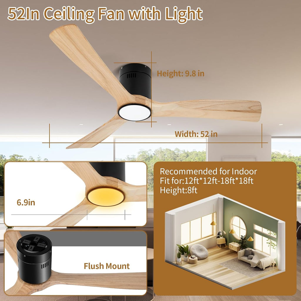 52inch Ceiling Fan with Lights,Flush Mount Wood Ceiling Fans with Remote Control,Dimmable Light,Noiseless DC Motor,Ceiling Fan for Bedroom,Living Room,Office,Indoor