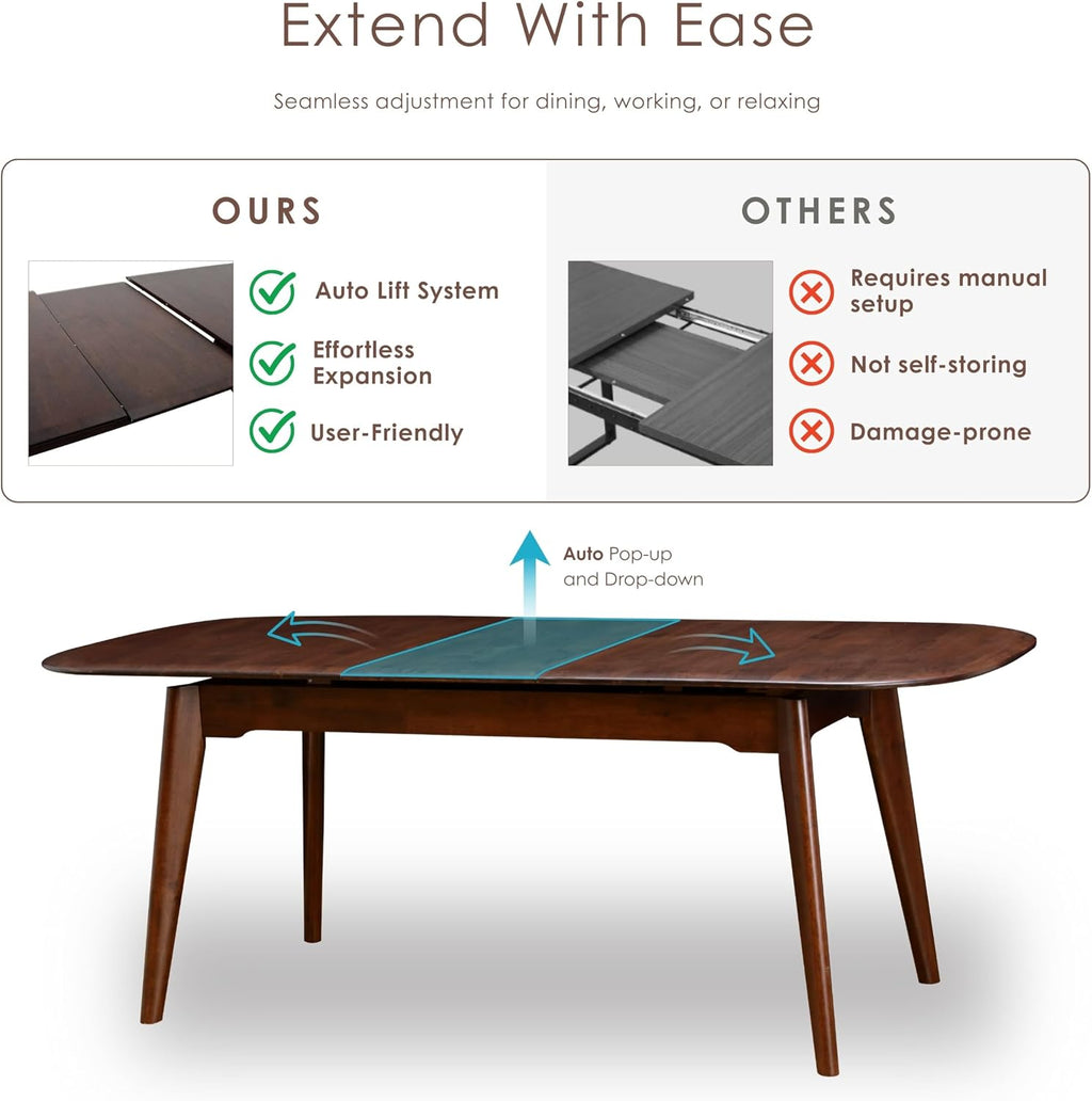 Furniture of America Nazaen Modern Solid Wood 78.7-inch Extendable Rectangular Dining Table with Removable Leaf, Mechanism Auto Pop-up for Home Kitchen, Dinettes, Rich Walnut