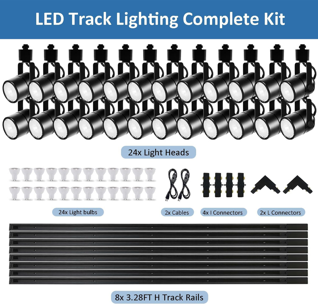GU10 LED Black Track Lighting Complete Kit, 3000K Warm White, 24 Packs GU10 Dimmable Ceiling Spotlight Fixture with 26.24ft H Type Track Rails, Replaceable 10W LED Bulbs for Home