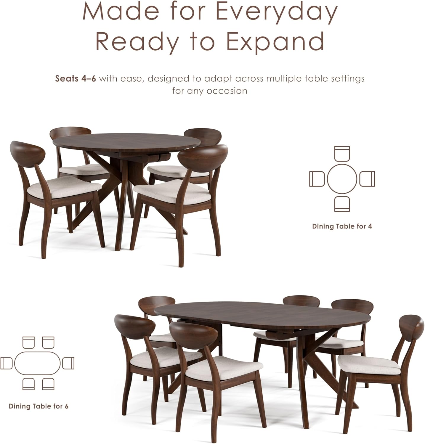 Furniture of America Nazaen V 78.5' Mid-Century Modern Solid Wood Live Edge Extendable Dining Table with Steel Support, Walnut Finish, Seats 6–8