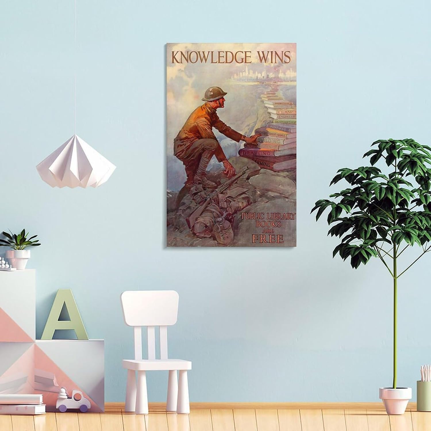 Knowledge Wins - Public Library Books - 1918 - World War I - Propaganda Poster Canvas Printing Wall Decoration Art For Room Aesthetics And Decoration 20x30inch(50x75cm)