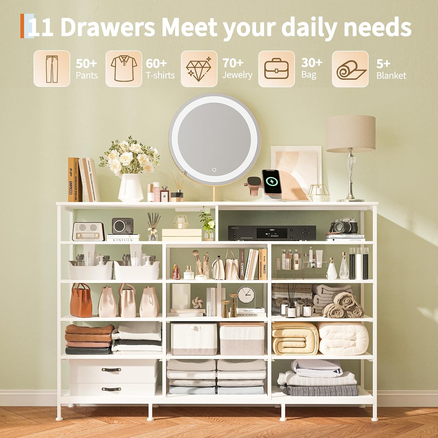 Dresser for Bedroom with LED Lights & Charging Station, 11 Drawer Dressers & Chests of Drawers, Steel Frame, Wood Top, 55 ' Fabric Dresser TV Stand for Bedroom,Hallway, Storage Organization, Entryway