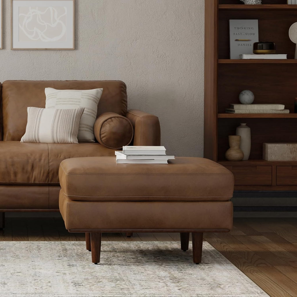 SIMPLIHOME Morrison 33 inch Wide Ottoman in Caramel Brown Genuine Leather, Multifunctional Footrest, Coffee Table, and Extra Seating for Living Room, Mid-Century Modern Style