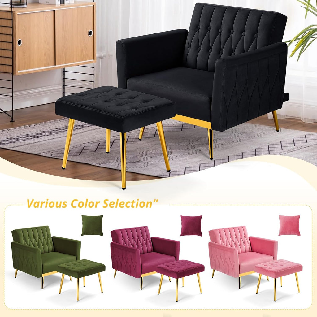 Velvet Accent Chair with Adjustable Armrests and Backrest, Button Tufted Lounge Chair, Single Recliner Armchair with Ottoman and Pillow for Living Room, Bedroom, Black
