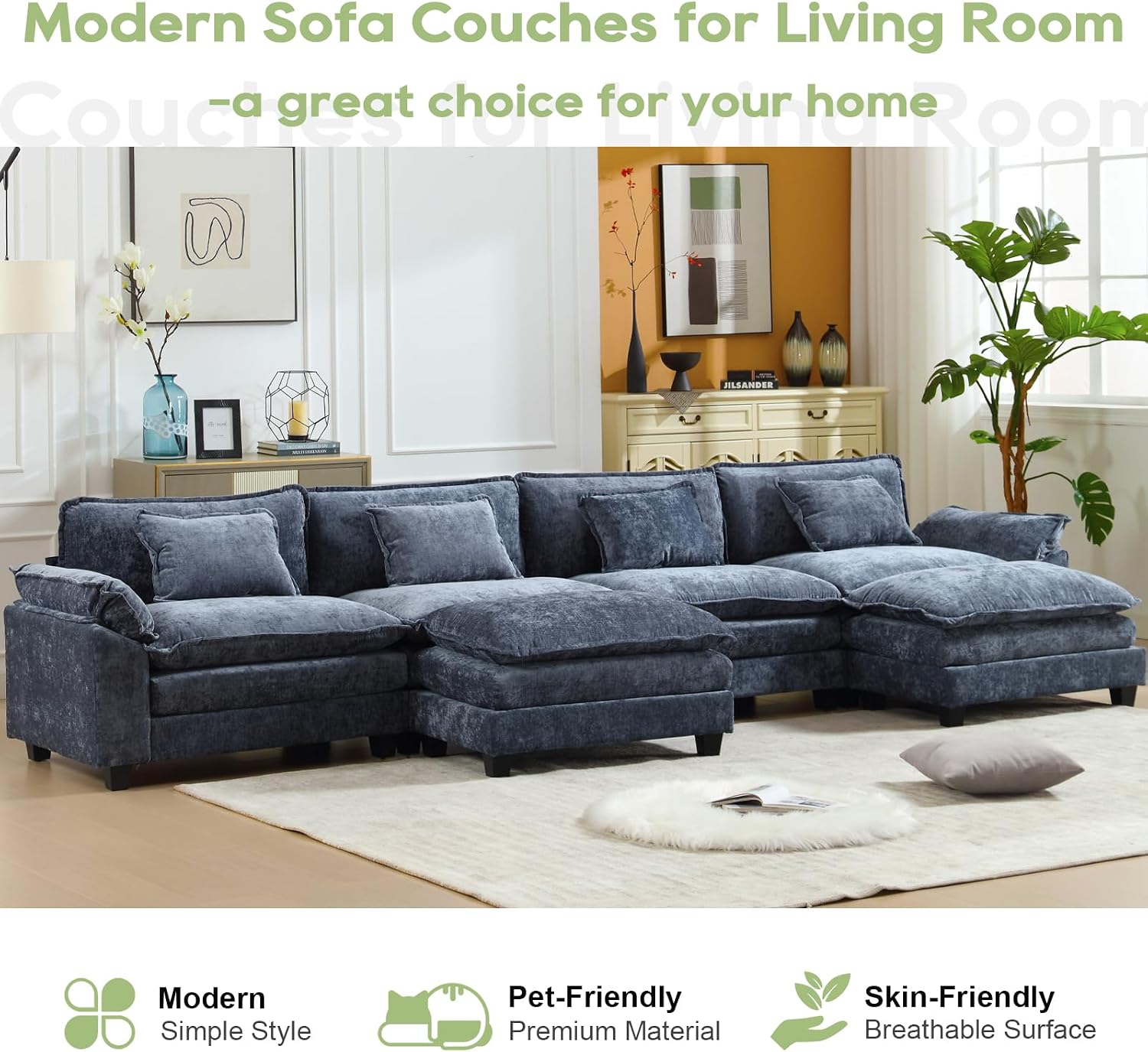 Oprisen 154' Modular Sectional Sofa, Comfy Cloud Couch Sectional Sofa with Ottoman, Chenille Sofa Sleeper Deep Seat Sofa with Throw Pillows for Living Room (Blue, 154'- U Shape)
