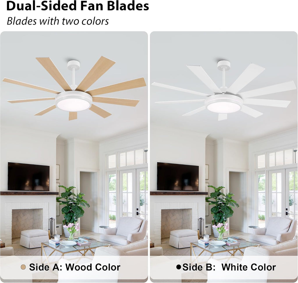WINGBO 60' Ceiling Fan with Light - Large LED Dimmable Light, 6-Speed Remote Control, Reversible DC Motor, Modern Ceiling Fan 9 Blades for Bedroom, Living Room, Indoor Outdoor White and Oak