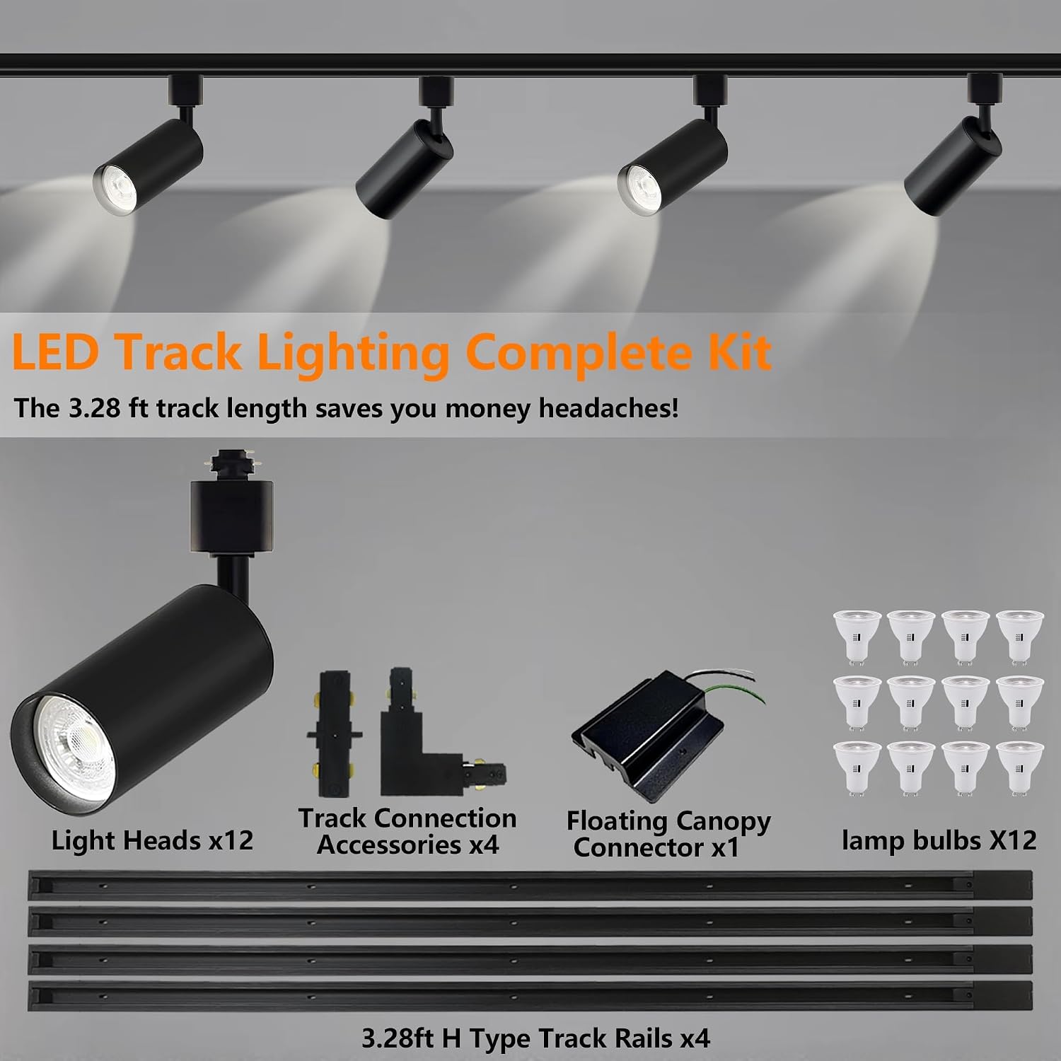 Plug in 3CCT Black Track Lighting Complete Kit with 4 * 3.28FT H Track Light Rails and 120V 12x10W GU10 Track Light Heads Brightness Dimmable Ceiling Spotlight Fixture for Accent Lighting
