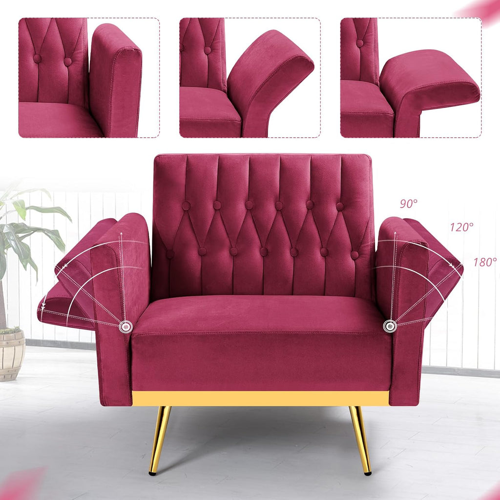 Velvet Accent Chair with Adjustable Armrests and Backrest, Button Tufted Lounge Chair, Single Recliner Armchair with Ottoman and Pillow for Living Room, Bedroom, Fuchsia