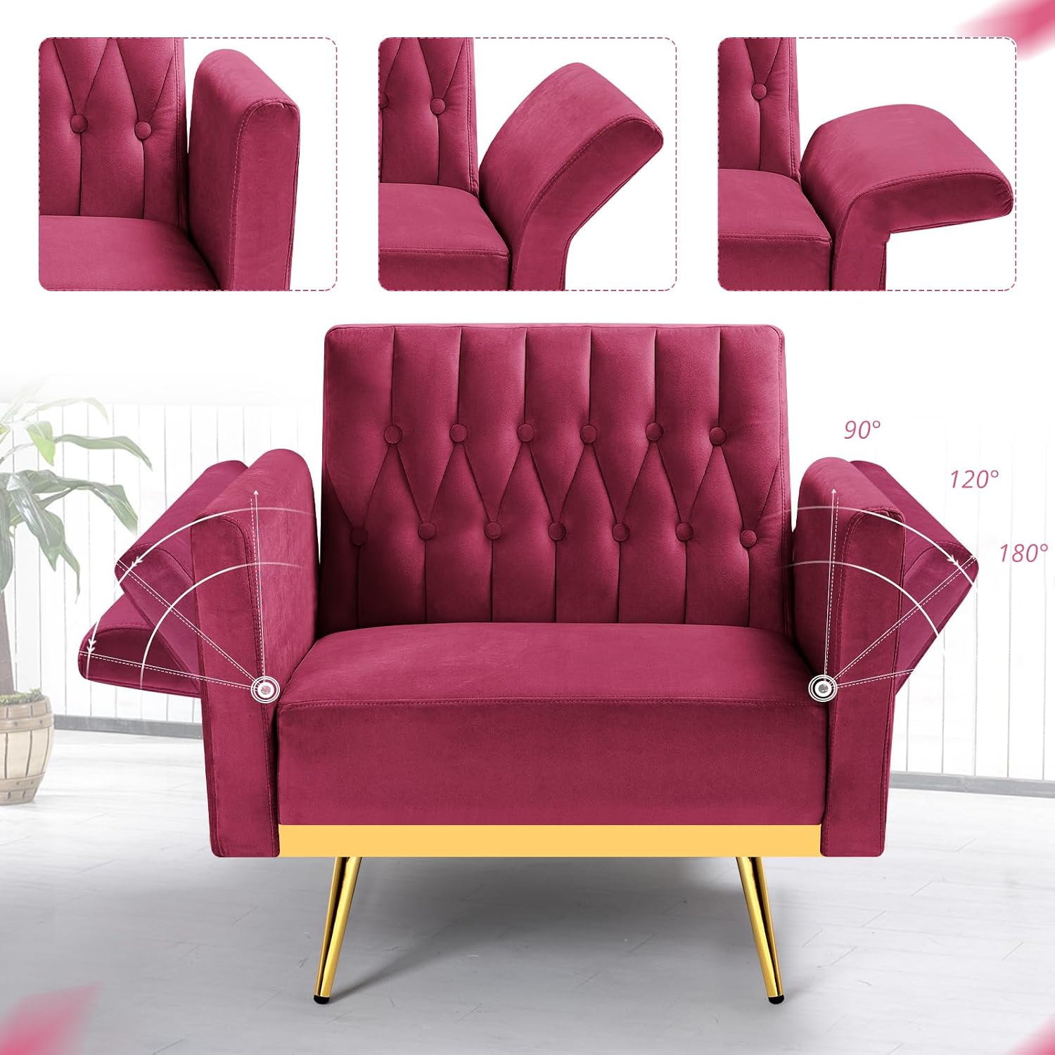 Velvet Accent Chair with Adjustable Armrests and Backrest, Button Tufted Lounge Chair, Single Recliner Armchair with Ottoman and Pillow for Living Room, Bedroom, Fuchsia