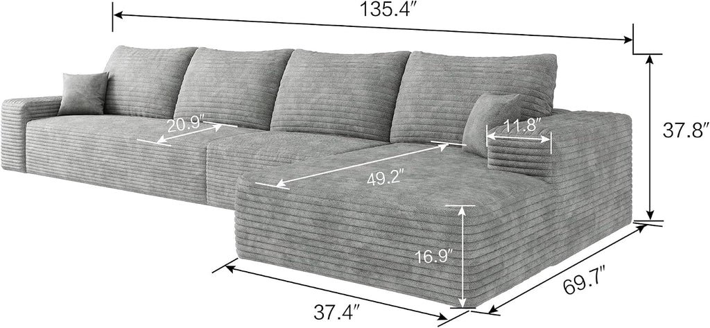 Eafurn 135' Oversized Right Facing Boneless Modular Sectional Sofa Couch with Chaise Lounge, 33D High-Density Foam Compressed Floor Couch with Deep Seat and Throw Pillows