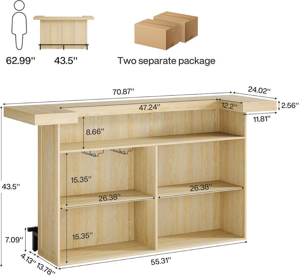 Tribesigns 4-Tier Bar Table, 70.9-Inch Large Wooden Home Bar Unit with Wine Glass Holder and Black Footrest, Pub Table with Storage Shelves for Home, Patio, Basement, Oak