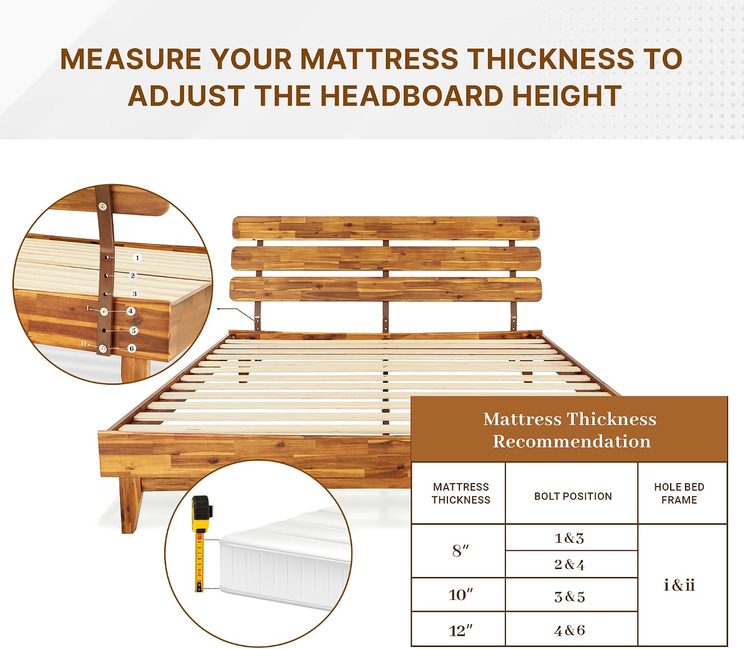 Bme Caden King Size Bed Frame and Adjustable Headboard, 15 Inch Mid Century Retro Style - Solid Acacia Wood - No Box Spring Needed - 12 Strong Wood Slat Support - Easy Assembly - Caramel