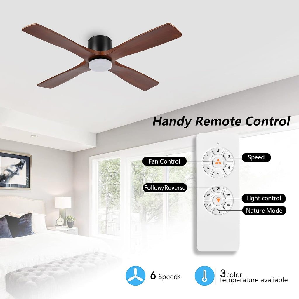 WINGBO 48 Inch Flush Mount DC Ceiling Fan with Lights and Remote, 4 Reversible Carved Wood Blades, 6-Speed Noiseless DC Motor, Hugger Ceiling Fan in Matte Black Finish with Walnut Blades