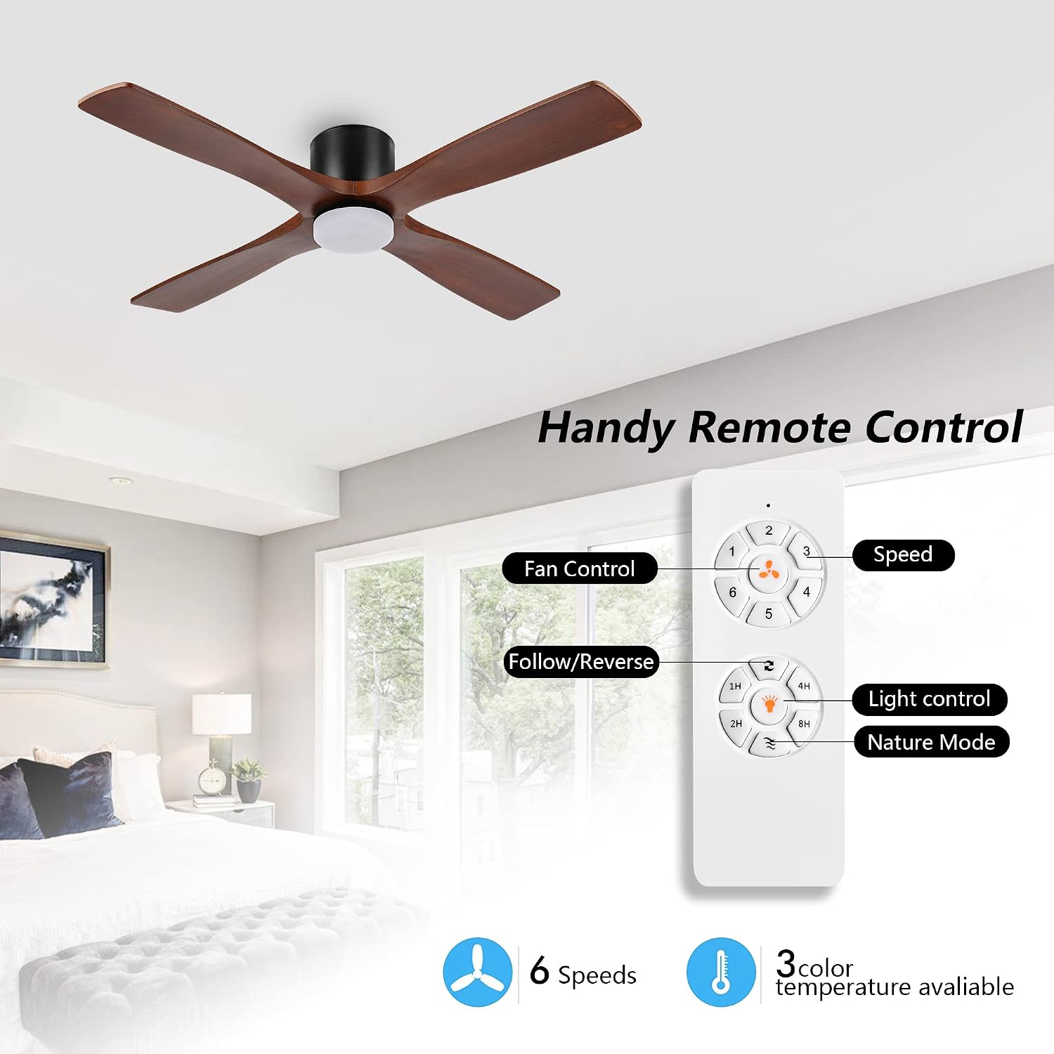 WINGBO 48 Inch Flush Mount DC Ceiling Fan with Lights and Remote, 4 Reversible Carved Wood Blades, 6-Speed Noiseless DC Motor, Hugger Ceiling Fan in Matte Black Finish with Walnut Blades