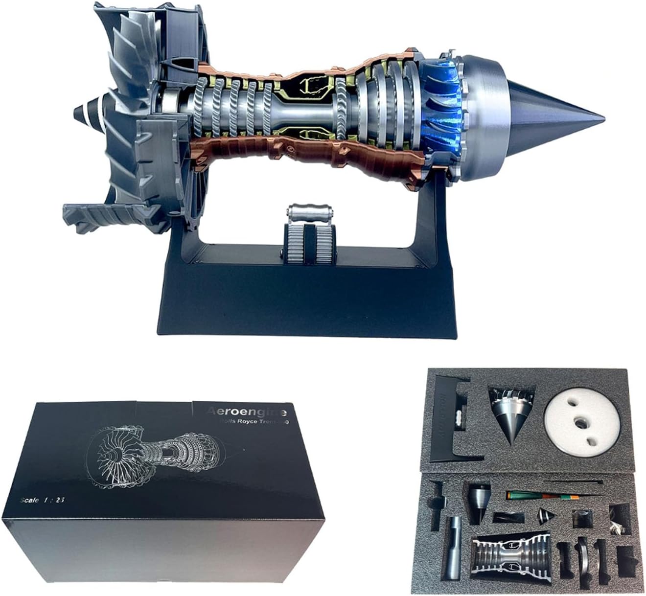 Jet Turbofan Engine Model Kits That Runs,Visible Turbojet Aircraft Engine with Blue LED Light,Adjustable Speed,Science Aero Engine Education Toy,Desk Gift for Adult (Assembly Version - Blue Light)