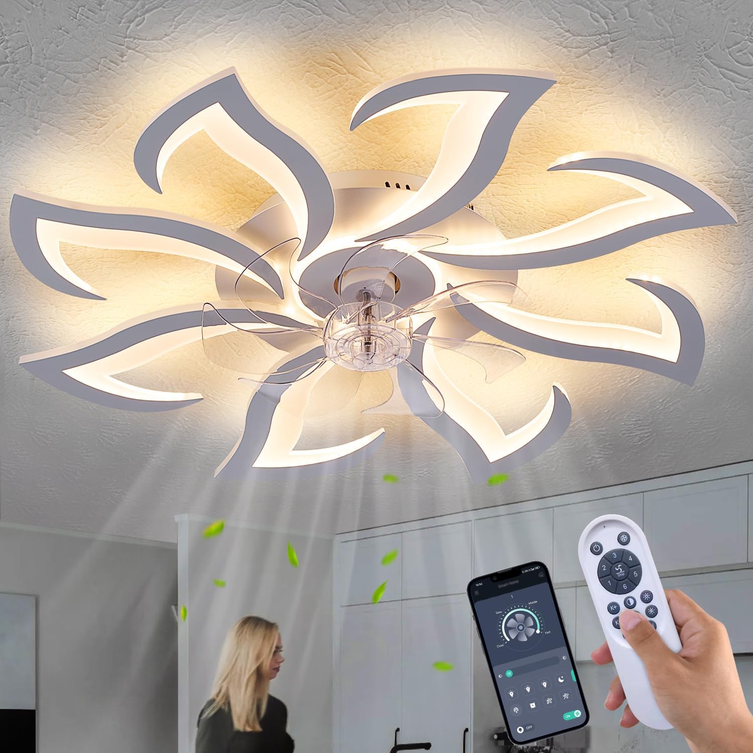 Dalouguan Modern Ceiling Fan with Lights Remote Control, 32' White Flush Mount Ceiling Fan with Light, 6 Speeds 3 Light Color Low Profile Ceiling Fan for Kitchen Bedroom