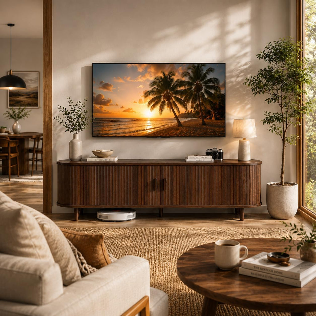 MXV 58' Mid-Century Modern TV Stand with Sliding Doors, TV Consoles with Power Outlet, Fluted Entertainment Center with Adjustable Shelves for Living Room