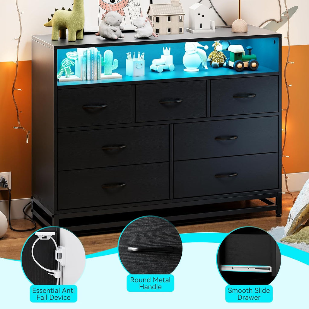 IDEALHOUSE Black 7-Drawer Dresser for Bedroom – Modern Long Dresser with Charging Station & LED Lights, Wooden Large Capacity Storage Chest, Wide Dresser for Living Room & Hallway