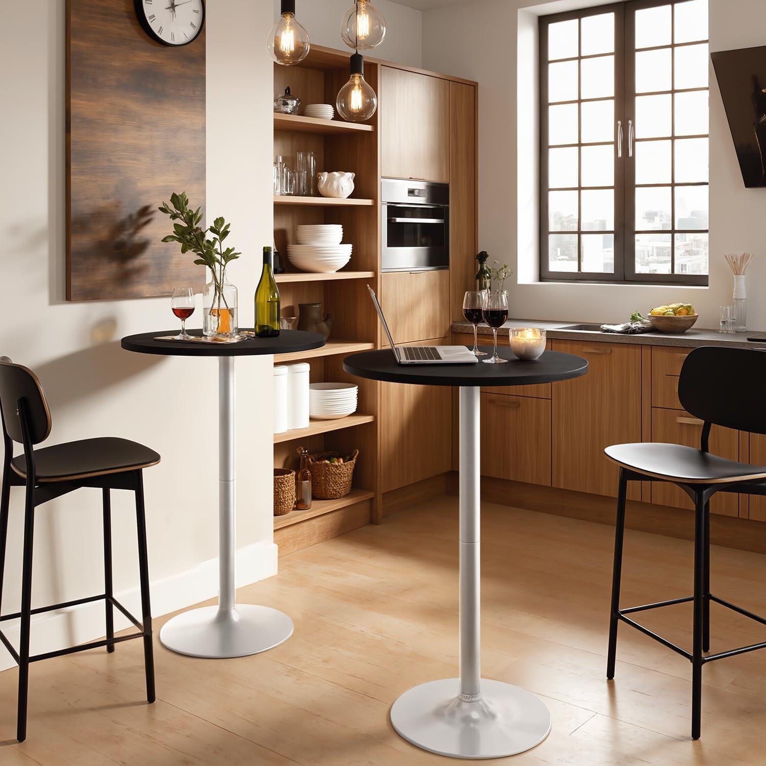 Furmax Bistro Pub Table Round Bar Height Cocktail Table for Home Bar, Round Bar Tables for Party, Dining Room, Living Room and Wedding, Metal Base MDF Top, 40.6 Inch Height (4, Black-2)