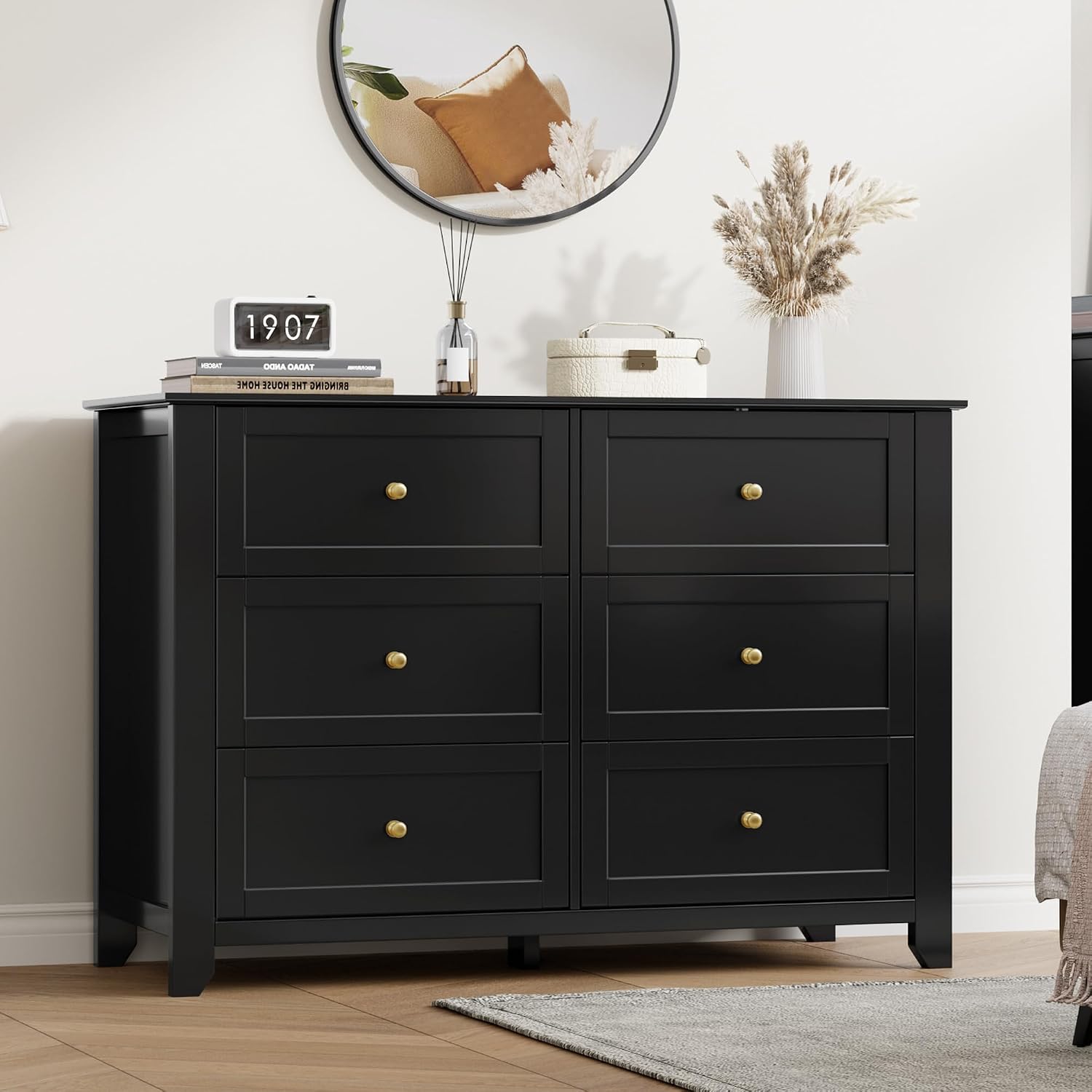 IDEALHOUSE Black 6 Drawer Dresser for Bedroom, Large Dresser with Deep Drawers & Metal Knobs, Modern Wooden Chests of Drawers for Entryway, Hallway