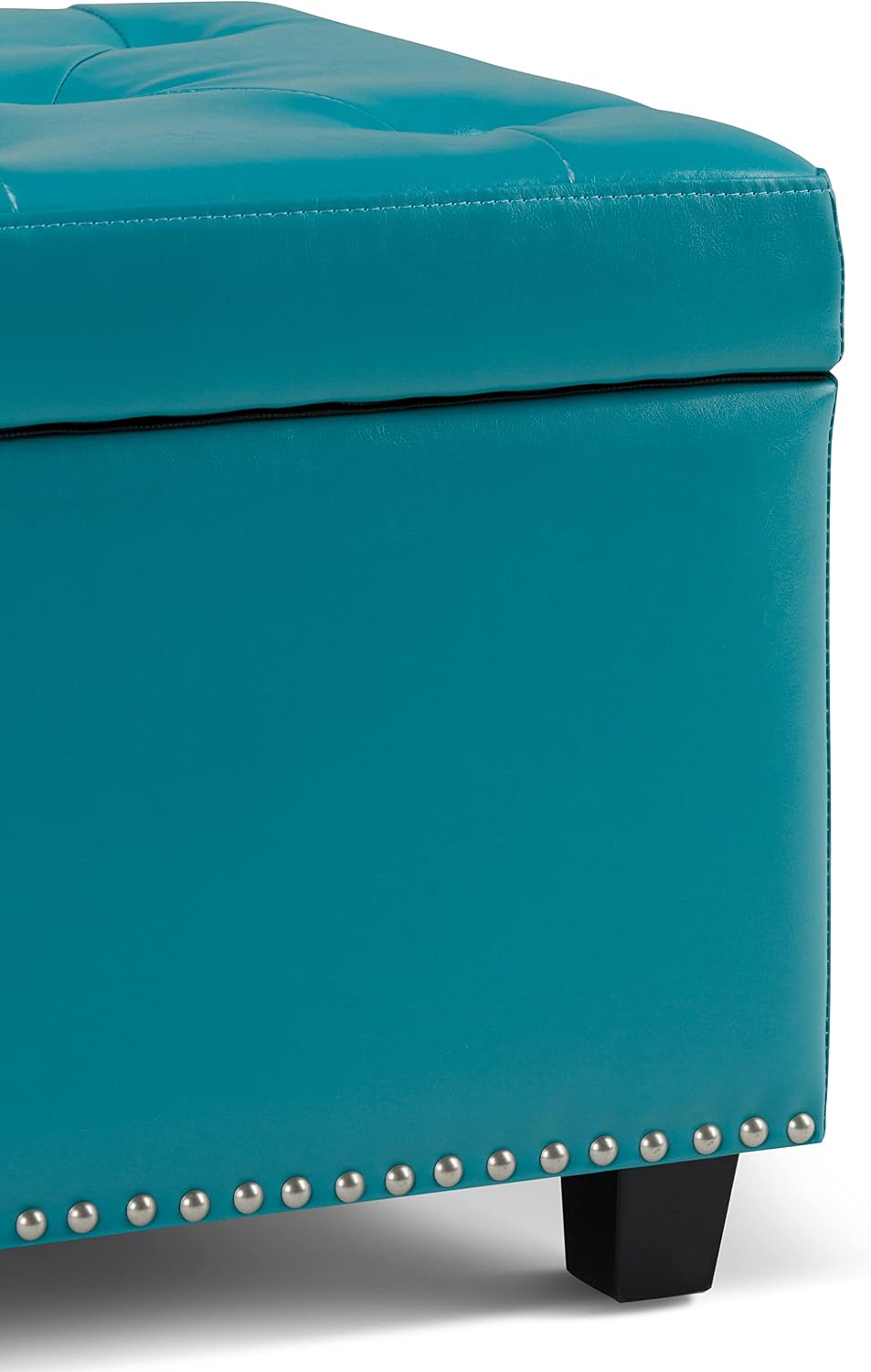 SIMPLIHOME Hamilton Storage Ottoman - 48 inch Wide Upholstered Vegan Leather Rectangle Storage Ottoman Bench in Mediterranean Blue, Traditional Tufted Ottoman for Living Room with Lift-Up Lid