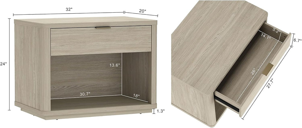 Manhattan Comfort Evelyn Nightstand with 1 Drawer, Minimalist Open Shelf Bedside Table, Rounded Corners and Raised Base, Modern Accent Table for Bedroom, Entryway, or Living Room in Natural Oak