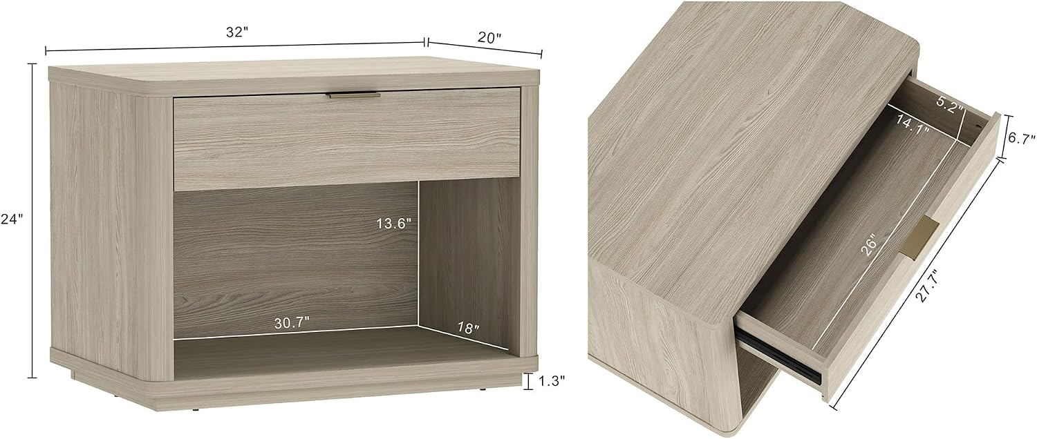 Manhattan Comfort Evelyn Nightstand with 1 Drawer, Minimalist Open Shelf Bedside Table, Rounded Corners and Raised Base, Modern Accent Table for Bedroom, Entryway, or Living Room in Natural Oak