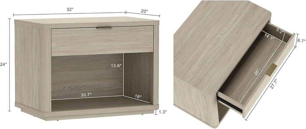 Manhattan Comfort Evelyn Set of 2 Nightstands with Drawer and Open Shelf, Minimalist Bedside Table with Rounded Corners & Raised Base, Modern Night Stand for Bedroom, or Living Room in Natural Oak