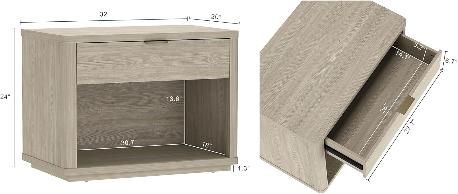 Manhattan Comfort Evelyn Set of 2 Nightstands with Drawer and Open Shelf, Minimalist Bedside Table with Rounded Corners & Raised Base, Modern Night Stand for Bedroom, or Living Room in Natural Oak