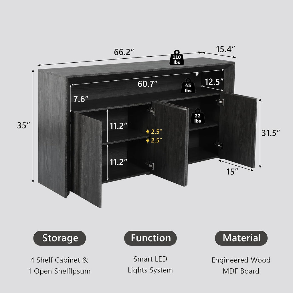 66.2' Buffet Cabinet with Storage and led Lights,Modern Sideboard Cabinet with 4 Doors & Shelves,Fluted Media Console Mid Century Coffee Bar Table for Living Room Kitchen Dining Room Hallway,Dark Grey